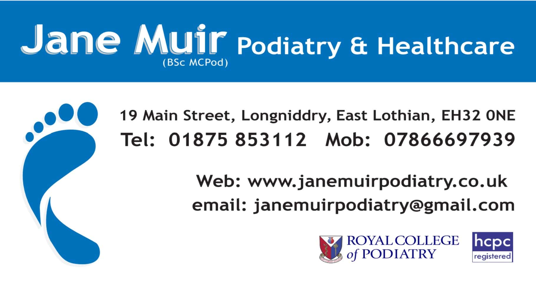 jane muir podiatry Longniddry